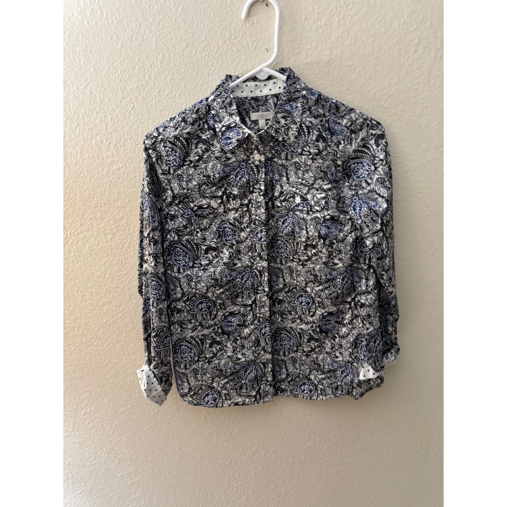 Talbots Womens Blue Black Paisley Floral Cotton Button Down Shirt  6P A1111